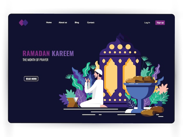 Dark landing page template of holy month of prayer, Ramadan Kareem. 