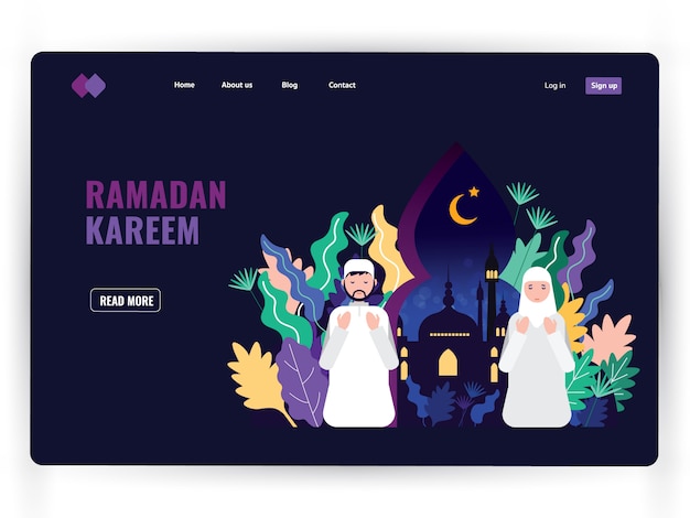 Dark landing page template of holy month of prayer, Ramadan Kareem. 