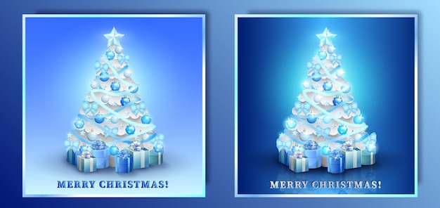 Dark and light bright Xmas greeting cards with frozen silver firs and decorations. Christmas trees