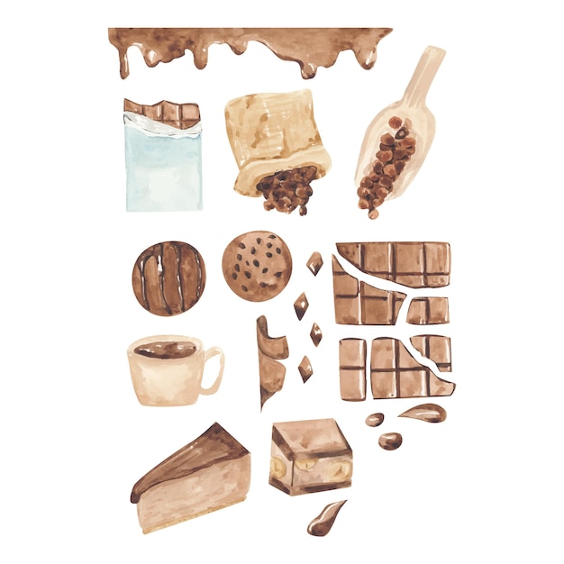 Dark milk chocolate bar set watercolor illustration