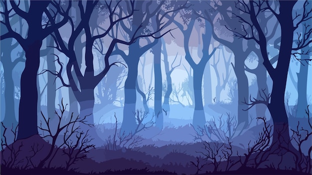 Vector dark misty forest panorama fantasy halloween landscape