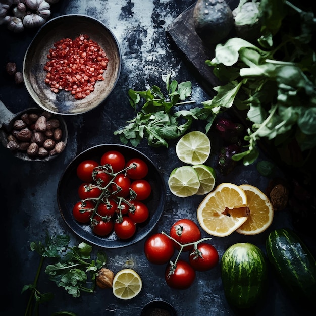 Vector dark and moody still life of fresh produce and ingredients on a rustic textured surface with shad