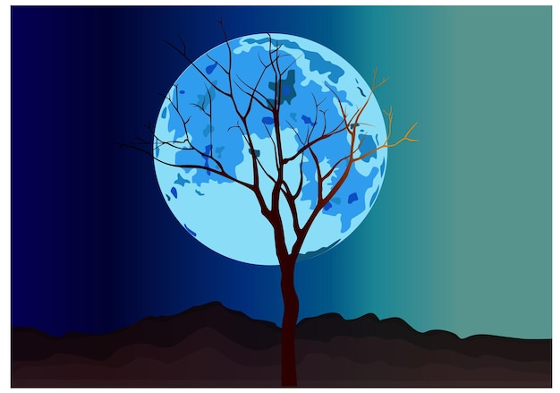 dark moon with dead tree middle Vector Illustrations Design element art paint watercolour vector