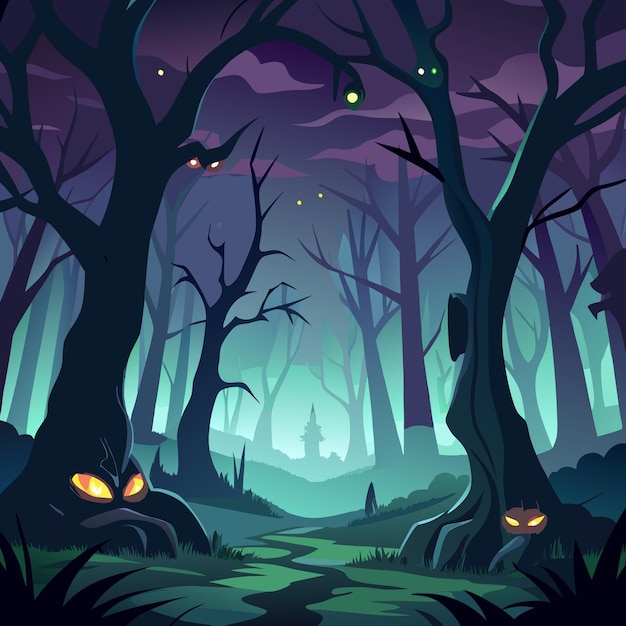 Vector a dark mysterious forest path with glowing eyes peering from behind trees and a spooky silhouette in the distance