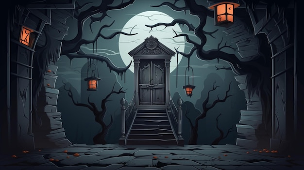 Vector a dark night with a door and a tree with a house on the front