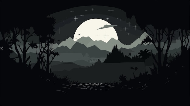 Vector a dark night with a full moon and a mountain in the background