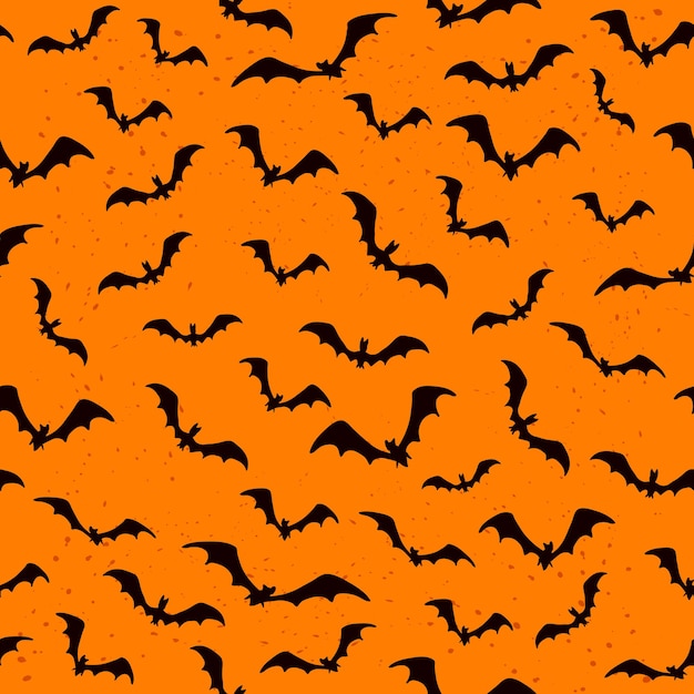 Dark orange seamless background with flying bats for Halloween, illustration.