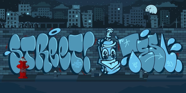 Vector dark outdoor urban graffiti wall with drawings at night against the background of the cityscape vector illustration art