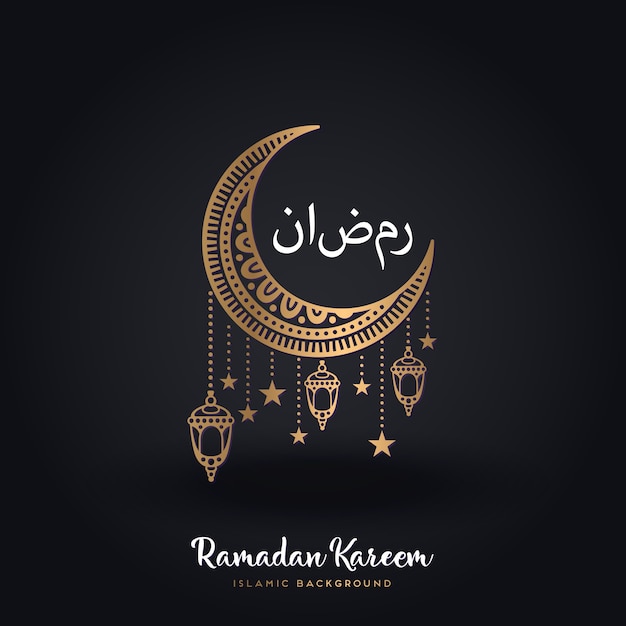 Dark ramadan design with moon and lanterns