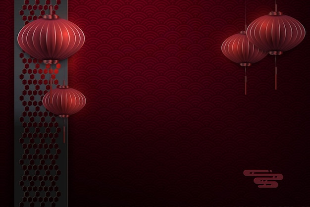 Dark red composition air lanterns in paper art style