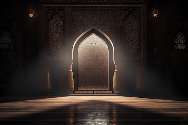 a dark room with a door that saysthe name of the mosque