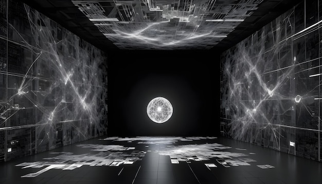 Vector a dark room with a glowing white orb in the center surrounded by intricate patterns on the walls and floor symbolizing a virtual reality or a digital world