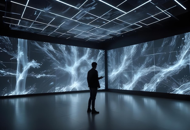 Vector a dark room with a man silhouetted in the foreground standing in front of two large screens displaying abstract digital patterns in shades of white the floor is reflective