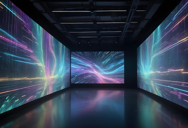 Vector a dark room with three screens displaying abstract colorful patterns that resemble a digital galaxy the room features a reflective floor and creates a futuristic and dynamic ambiance