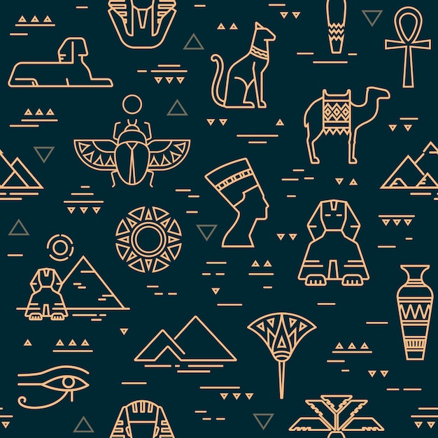 Dark seamless pattern of symbols, landmarks, and signs of Egypt