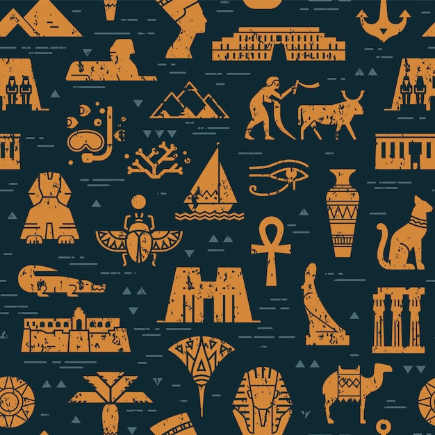 Dark seamless pattern of symbols, landmarks, and signs of Egypt