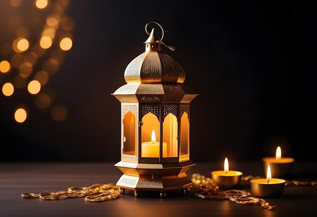 Vector dark silhouette of moroccan lantern glowing at night glittering golden bokeh lights