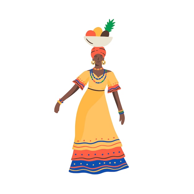 Dark skin Cuban woman dancing with bowl full of exotic fruits on head vector flat illustration. Female traditional Cuba clothes isolated. Ethnic tropical person in colorful dress and accessories.