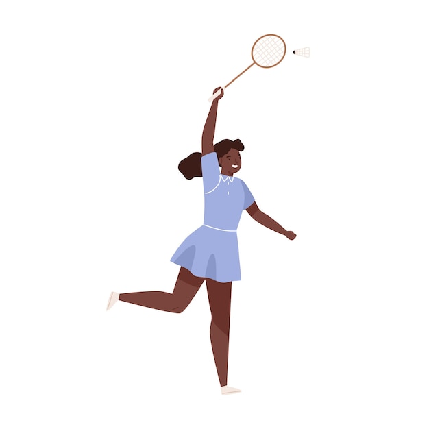 Dark skin female badminton player jumping hitting shuttlecock vector flat illustration. Sportswoman with racket demonstrate smash at training isolated on white. Woman enjoying physical activity.