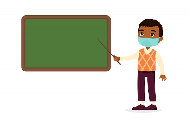 Dark skin male teacher with protective masks on his face standing near blackboard flat  illustration. Respiratory virus protection, allergies concept.