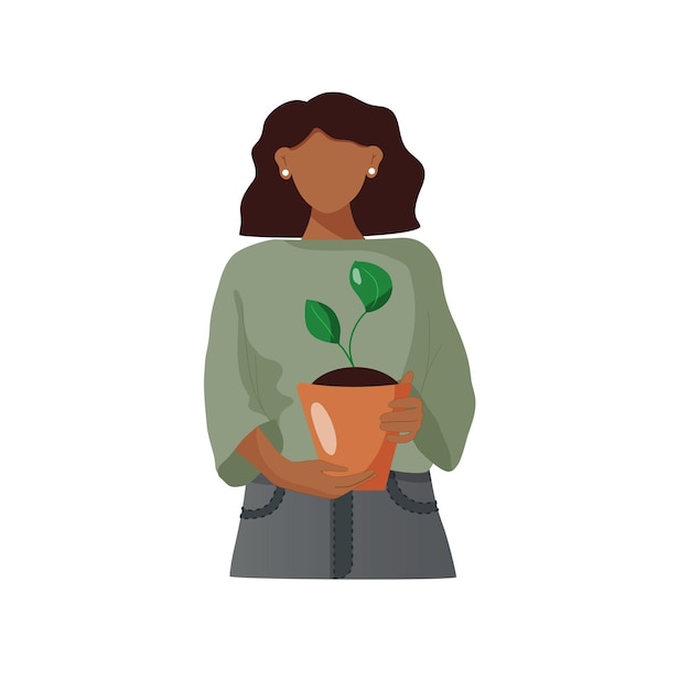 Dark skinned girl carefully holding young green plant in a pot Grounded concept