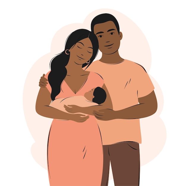 Dark skinned parents with child happy family with newborn