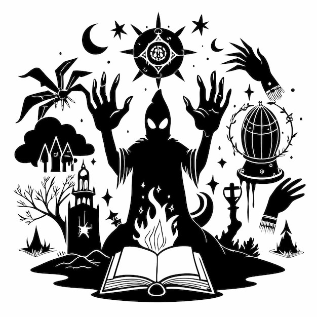 Dark Sorcery and Occult Symbols with Hooded Figure and Mystical Elements