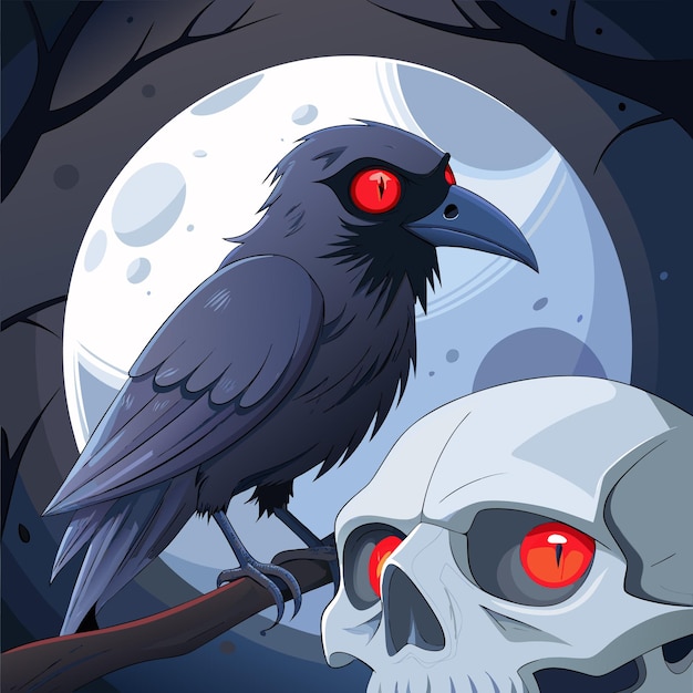 Vector a dark stylized illustration featuring a raven with red eyes perched on a skull against a moonlit background