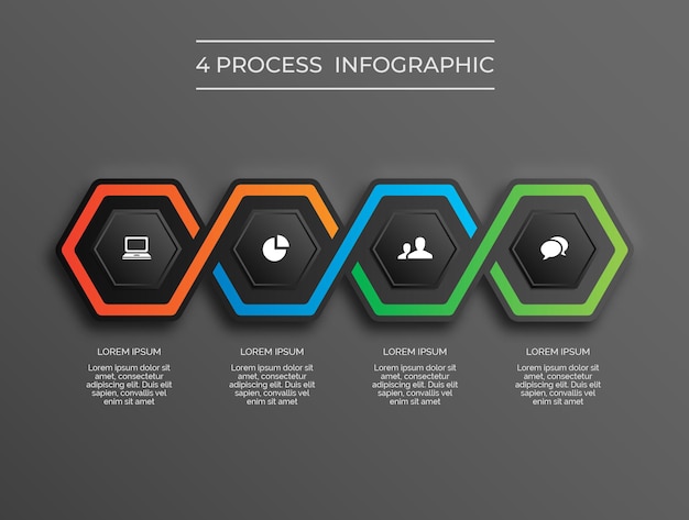 Dark theme modern infographic hexagon 4 process premium vector