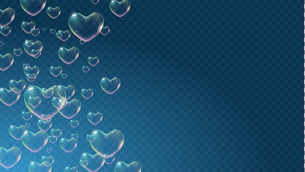 Dark transparent background with rainbow colored heartshaped soap bubbles for valentine card vector