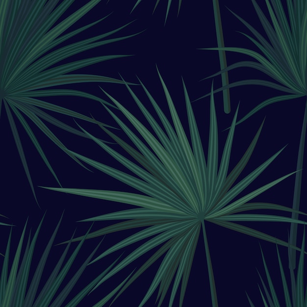 Dark tropical background with jungle plants. Seamless tropical pattern with green phoenix palm leaves. illustration.