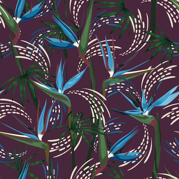 Vector dark tropical flowerbird of paradise beautifuljungle leafexotic floral print seamless pattern