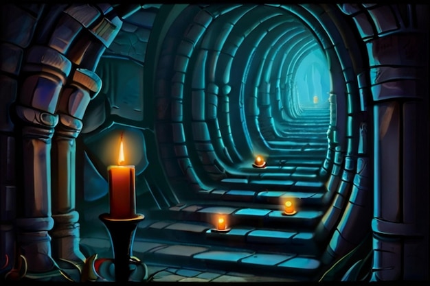 a dark tunnel with candles inside and a lit candle in the middle