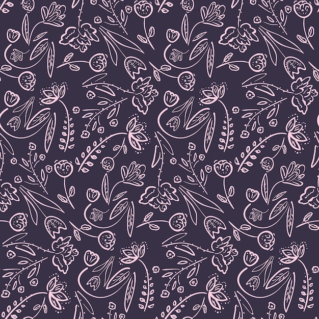 Dark violet pattern with hand drawn doodle flowers