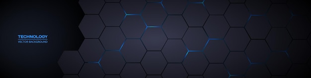 Dark wide hexagonal abstract technology banner