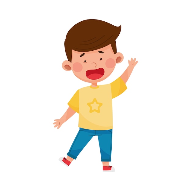 Darkhaired Boy Standing and Waving Hand Vector Illustration