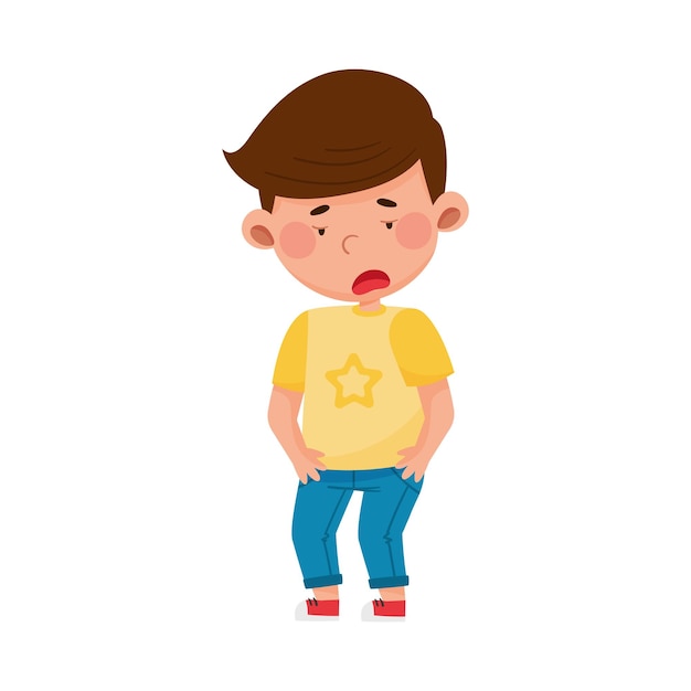 Darkhaired Boy Standing with Tired Face Vector Illustration