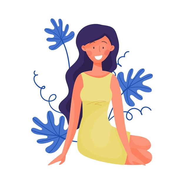 Darkhaired Girl in Dress Posing Near Botanical Plants Vector Illustration