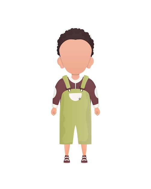 Darkhaired little boy preschool age in overalls Isolated on white background Vector illustration in cartoon style