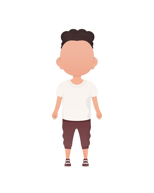 Darkhaired little boy preschool age in a tshirt and shorts Isolated Cartoon style Vector illustration