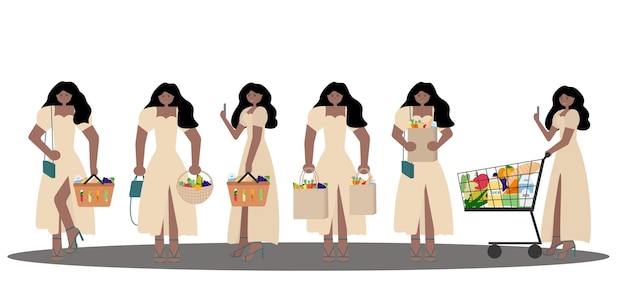 Darkskinned girl in dress shopping for food in her hands she has bags basket trolley