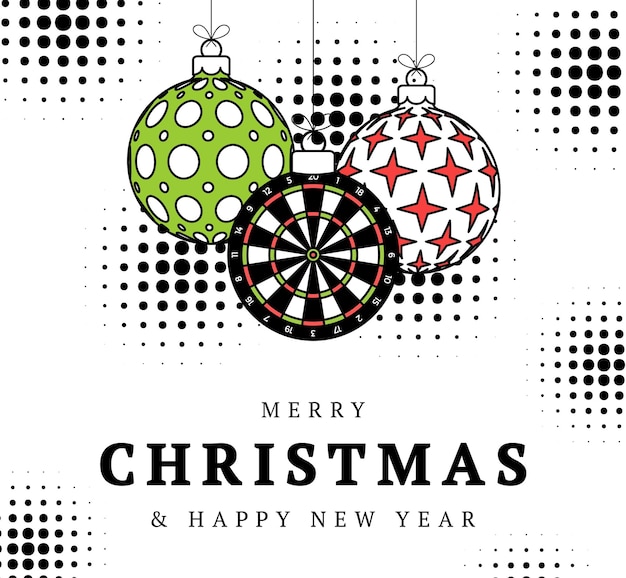 Dart christmas greeting card in trendy line style Merry Christmas and Happy New Year outline cartoon Sports banner dartboard as a xmas ball on white background Vector illustration