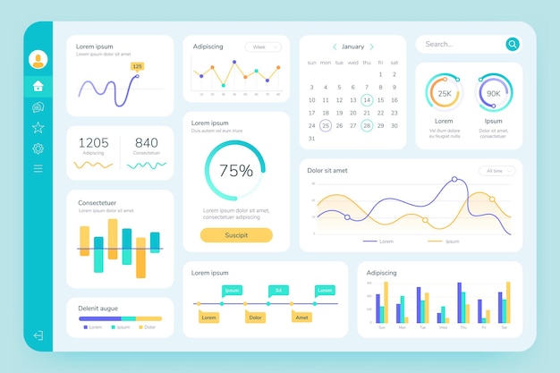 Dashboard UI. Simple data software, chart and HUD diagrams, admin panels. Modern financial application interface template vector infographic. Illustration report diagram visualization statistic