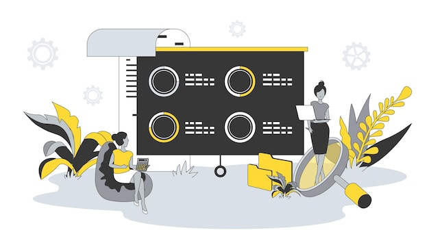 Data analysis concept in flat design with people Women work with graphs and diagrams making marketing research and report for presentation Vector illustration with character scene for web banner