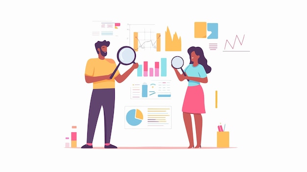 Vector data analysis concept with moving man and woman