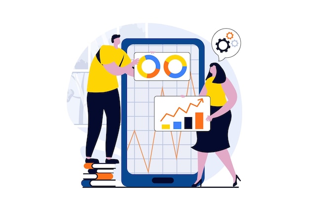 Data analysis concept with people scene in flat cartoon design Woman and man working with statistics and charts and business accounting using mobile app Vector illustration visual story for web