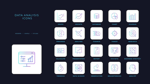 Data analysis icons collection with blue duotone style analytics chart graph growth research information report Vector illustration