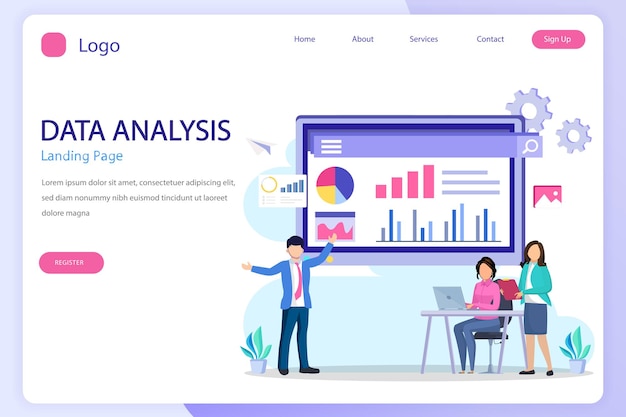 Data analysis landing page website flat vector template