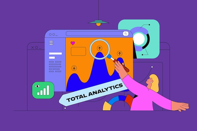 Data analysis web concept with character scene Analyst working with graphs and charts researching statistics for report People situation in flat design Vector illustration for marketing material