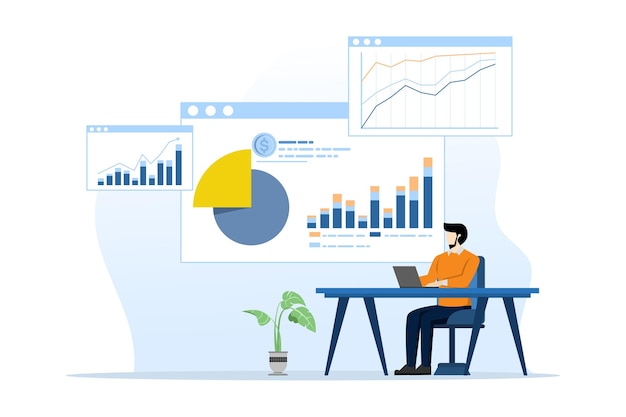 Data analysis with entrepreneurs reporting analytical data and monitoring investment charts